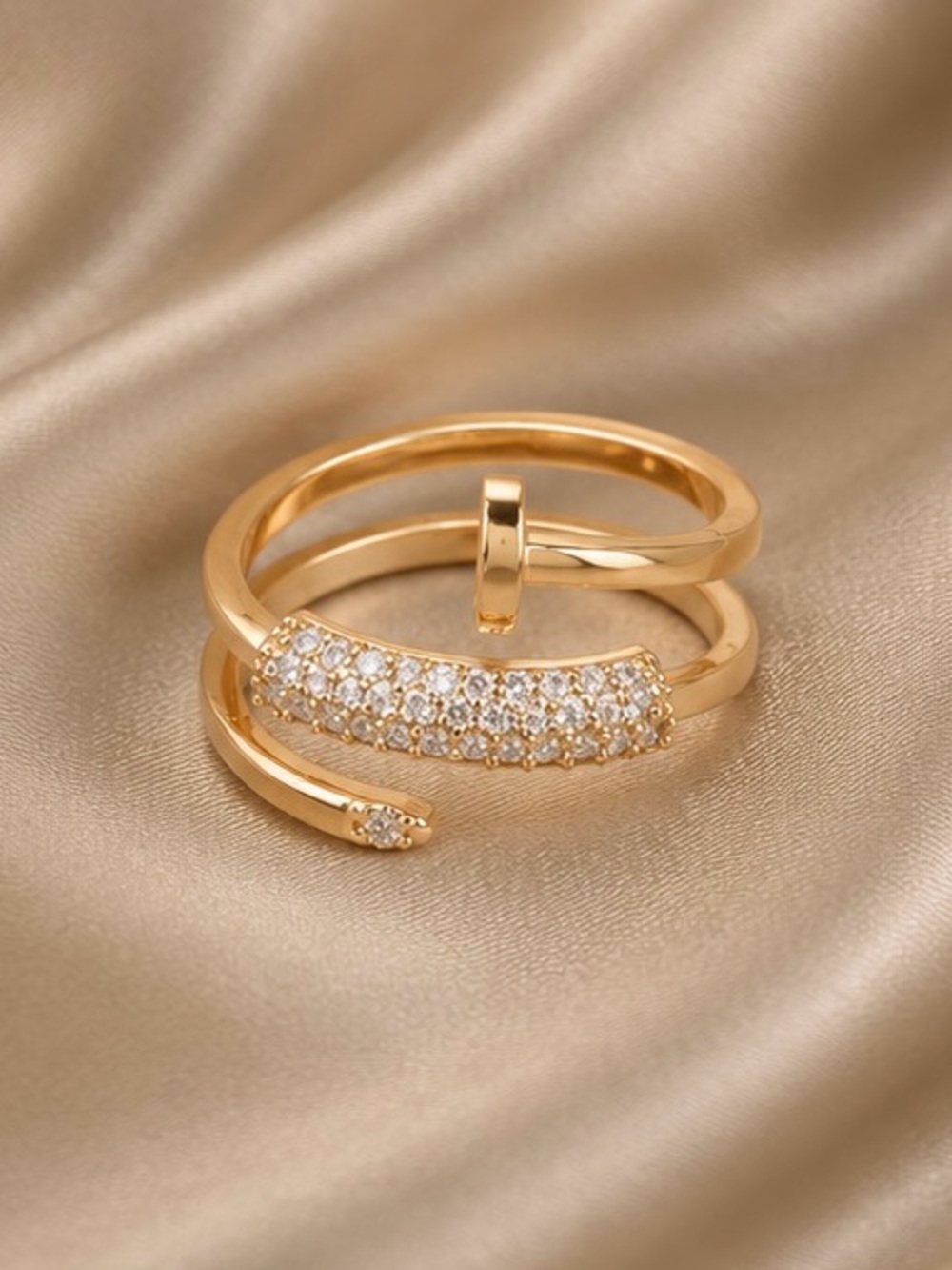 Gold Nail Wrap Ring | Crystal Pave Open Ring | Luxury Statement Adjustable Ring